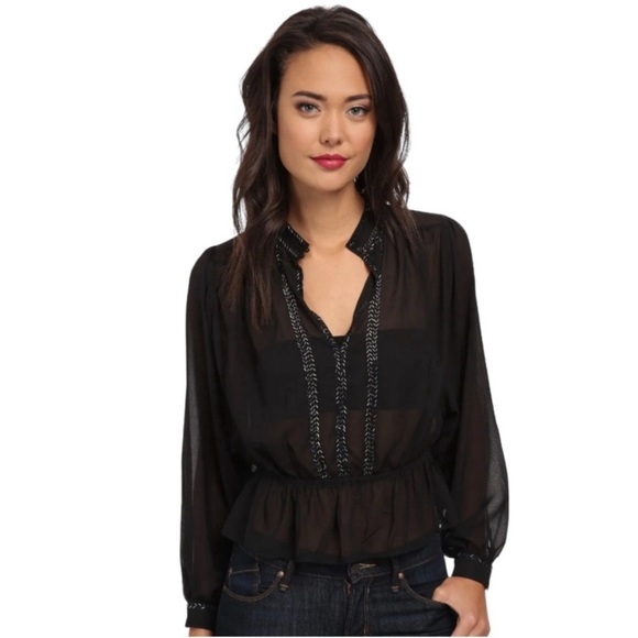 Free People If I Had You Black Sheer Beaded Blouse Size Small - Picture 1 of 13